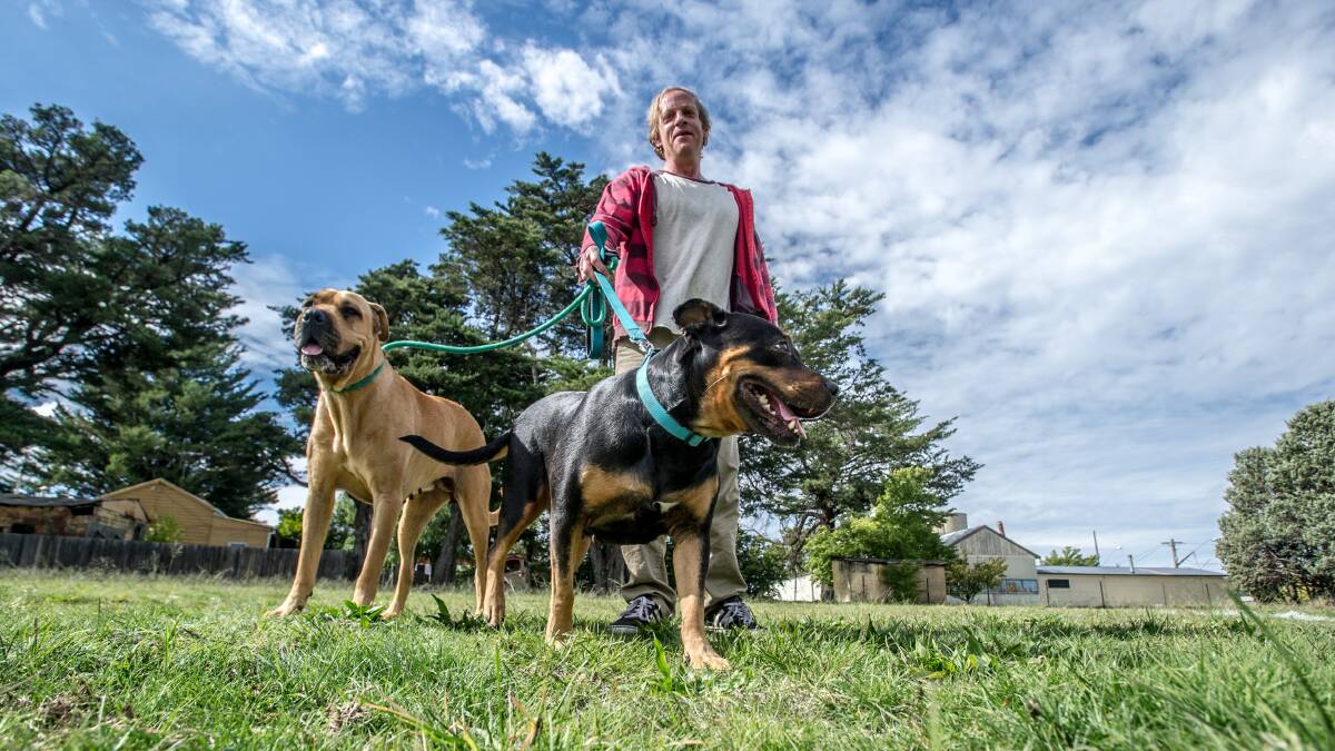 Oaks Estate resident Sheb Harrop and his two dogs Lexie and Sabre. Photo: Karleen Minney