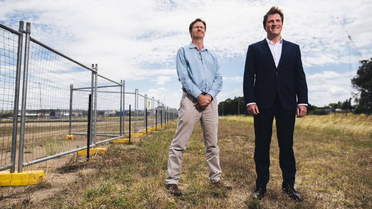 FACTORY: Foy Group technical director Bevan Dooley and managing director Stuart Clark at the site of the proposed plastics-to-fuel factory in Hume earlier this year. Photo: Rohan Thomson