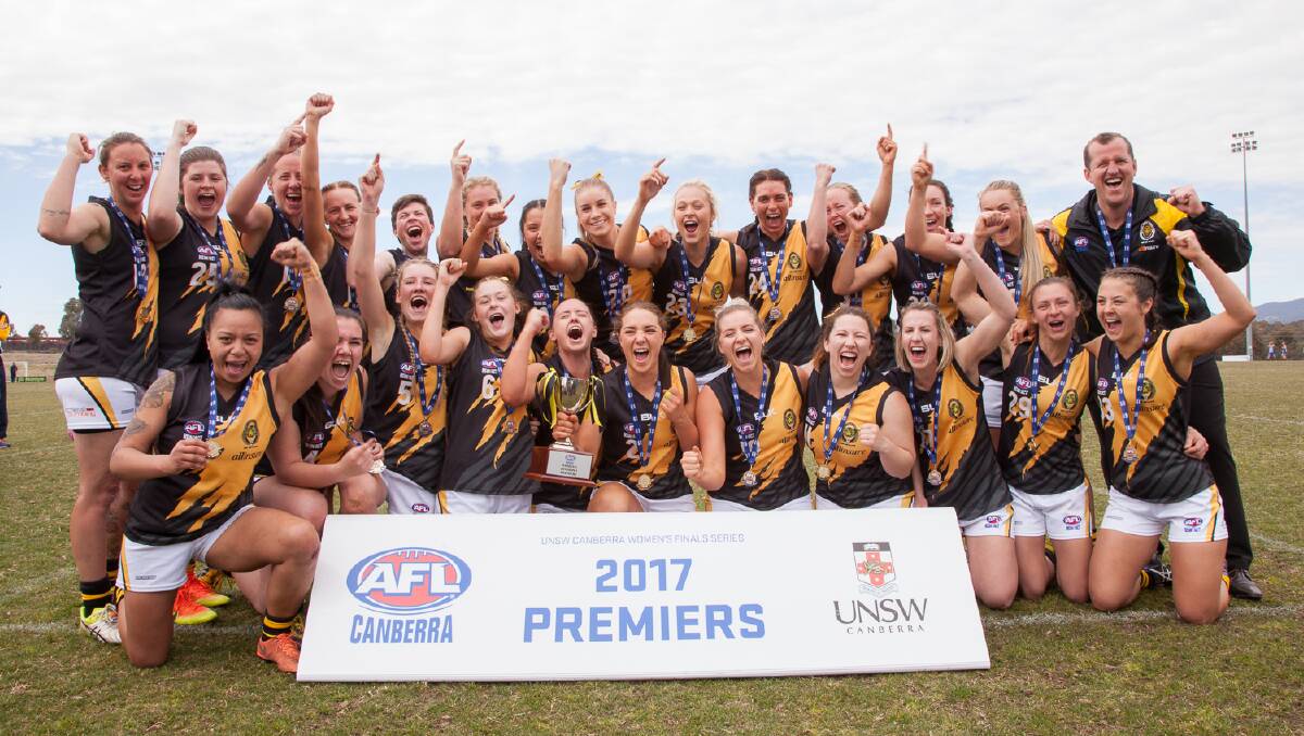 WINNERS: The Queanbeyan Tigers won the AFL Canberra women's grand final. Photo: Doug Dobing