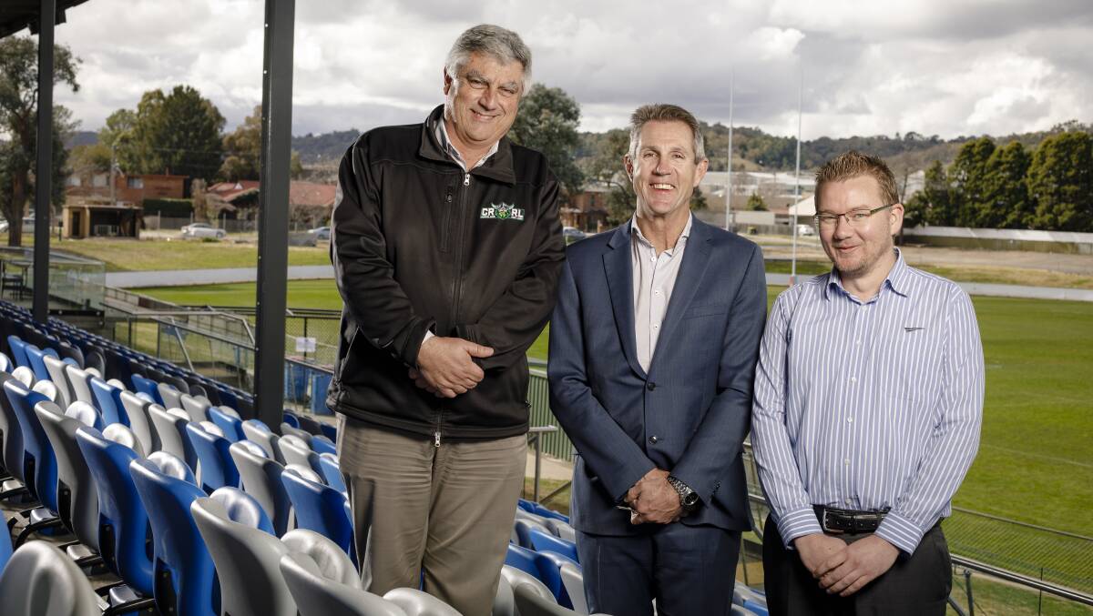 SUPPORT: CRCRL general manager Mark Vergano, Raiders CEO Don Furner, and councillor Kenrick Winchester would all be happy to see a Raiders game played at Seiffert Oval. Photo: Sitthixay Ditthavong