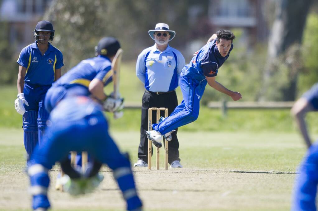 CRICKET: Queanbeyan bowler Guy Gillespie during the One Day Gallop Cup - North Canberra-Gungahlin v Queanbeyan at Harrison on Saturday. Photo: Jay Cronan.
