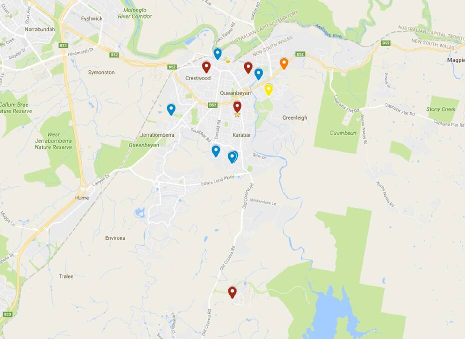 CRIME: A spate of vehicle thefts (red), attempted car thefts (orange) and theft from motor vehicles (blue) has police reminding Queanbeyan residents to lock it or lose it.