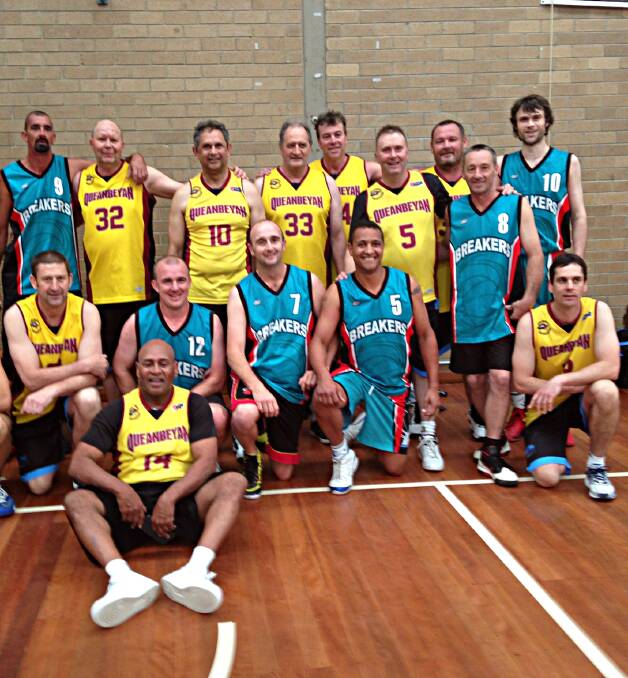 TALENT: The Queanbeyan and Batemans Bay masters basketball teams with legendary player Cal Bruton. Photo: Supplied.