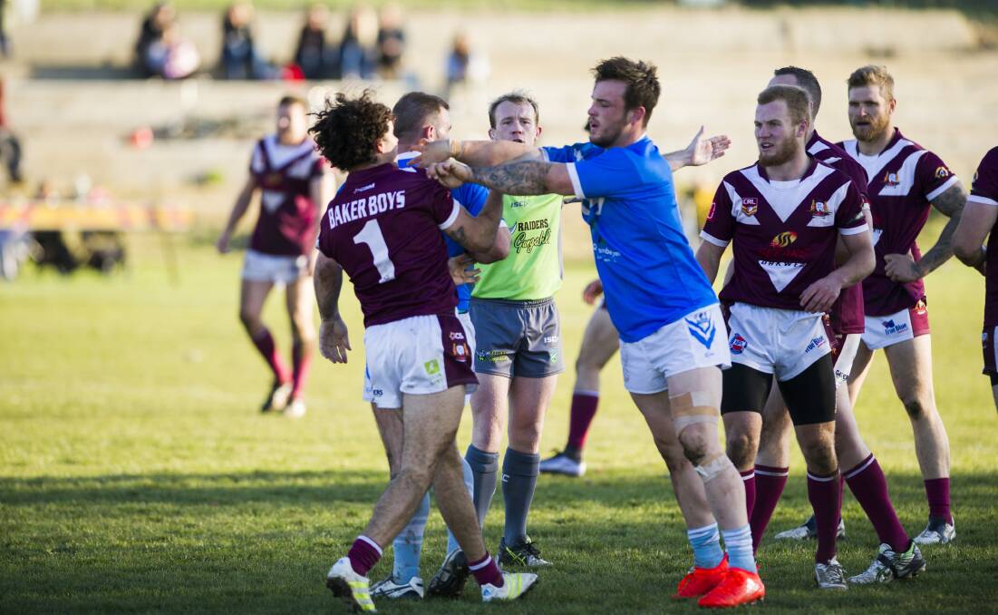FOOTY FEVER: Queanbyean Kangaroos battled it out against the Queanbyean Blues in the Rugby League Semi Final over the weekend. Photo: Rohan Thomson.