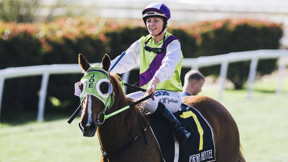 RIDING DOUBLE: Chelsea Macfarlane took out the Ritchie Bensley Handicap (1000m) on board Meet Miss Dolly at Queanbeyan on Monday. Photo: Rohan Thomson