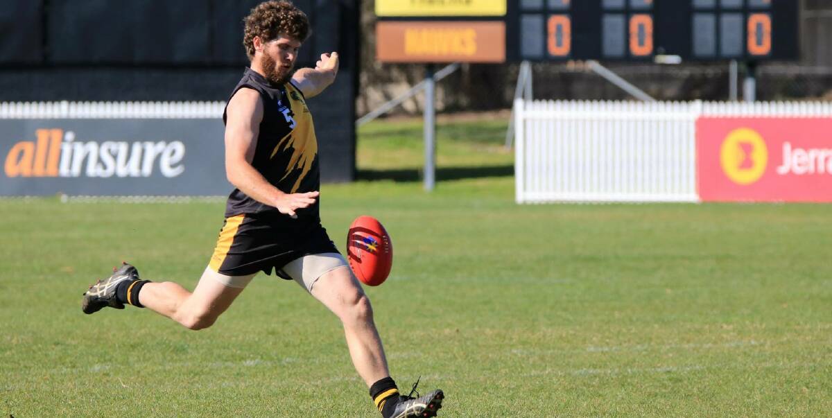 KICK IT: Queanbeyan Tigers player Josh Bryce takes the kick on the field during the game on Sunday, September 4, between the Tigers and Tuggeranong Hawks. Photo: Sam Franks.