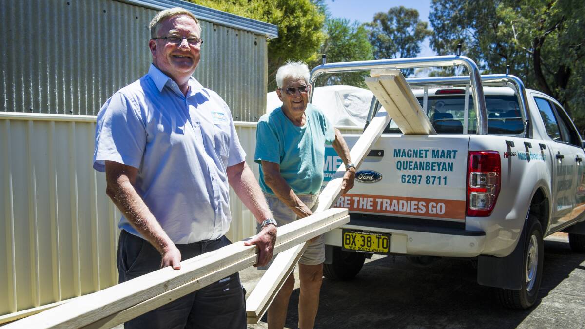TOYMAKER JOHN FILLERY: John and his wife Beryl had a huge response to his call for timber including from Magnet Mart Queanbeyan's Andrew Busch. Photo Elesa Kurtz