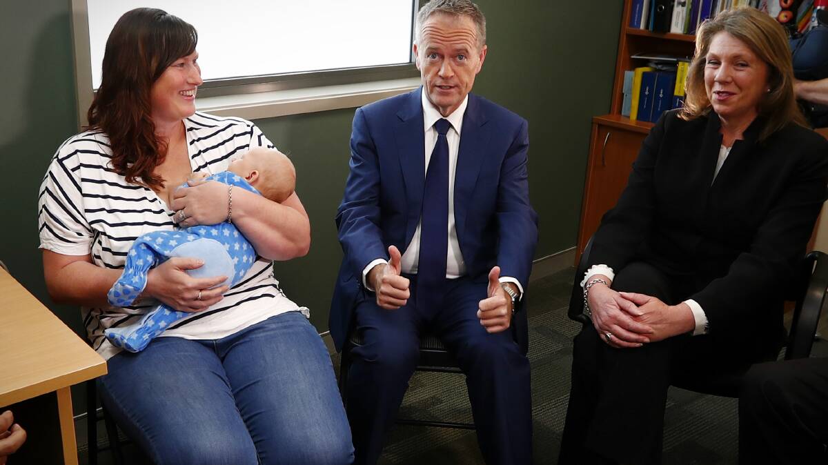 Opposition Leader Bill Shorten and Shadow Health Minister Catherine King meet with Tamara Malcolm and her 7-week-old baby Parker Malcolm during their visit to the Queanbeyan GP Super Clinic for a check-up. Photo: Alex Ellinghausen