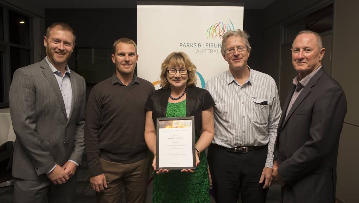 Troy Mansell – GLG Greenlife Group (Award sponsor), QPRC staff Sean Kaden, Debbie Sibbick and Tim Geyer, and Les Munn – NSW/ACT President – Parks & Leisure Australia.