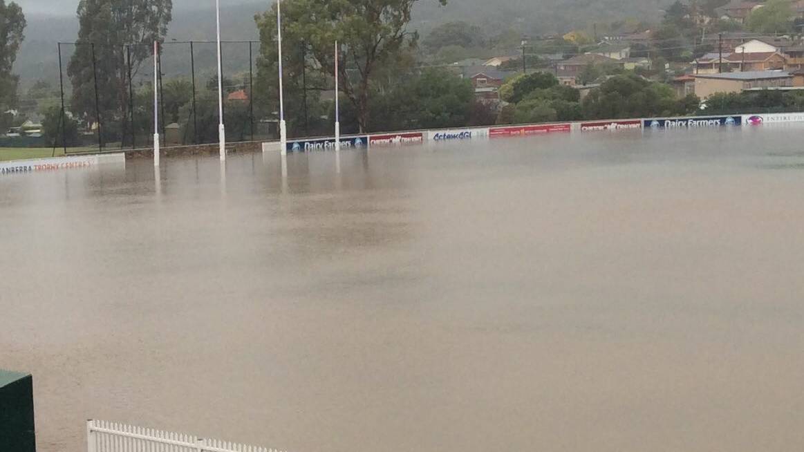 FOOTBALL FLOODING: Tuesday's rain flooded the home of the Queanbeyan Tigers, Allinsure Oval. Photo: Michael Goiser.