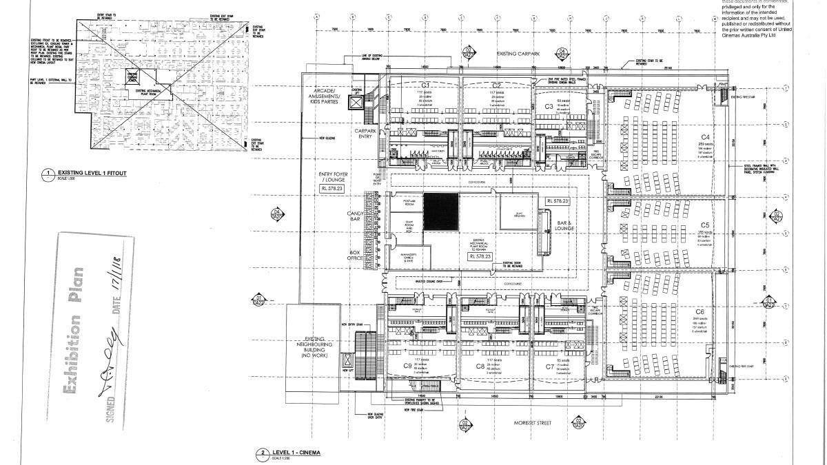 A floor plan of the proposed Queanbeyan cinema with seating plans. The plan shows a bar and lounge area surrounded by nine theatres. Photo: Supplied