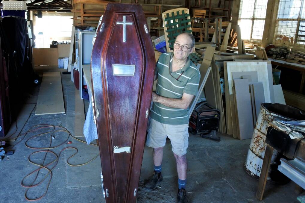 David Gregory with the coffin he's hoping to sell. Photo: Elliot Williams