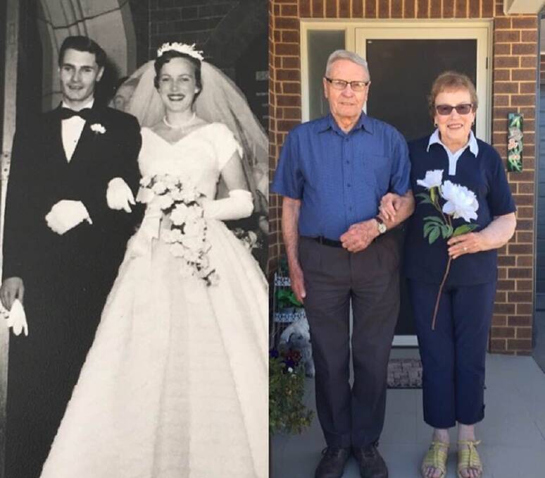 Side by side: Robin and Ron on their wedding day in 1957 and 60 years later. Photo: Supplied