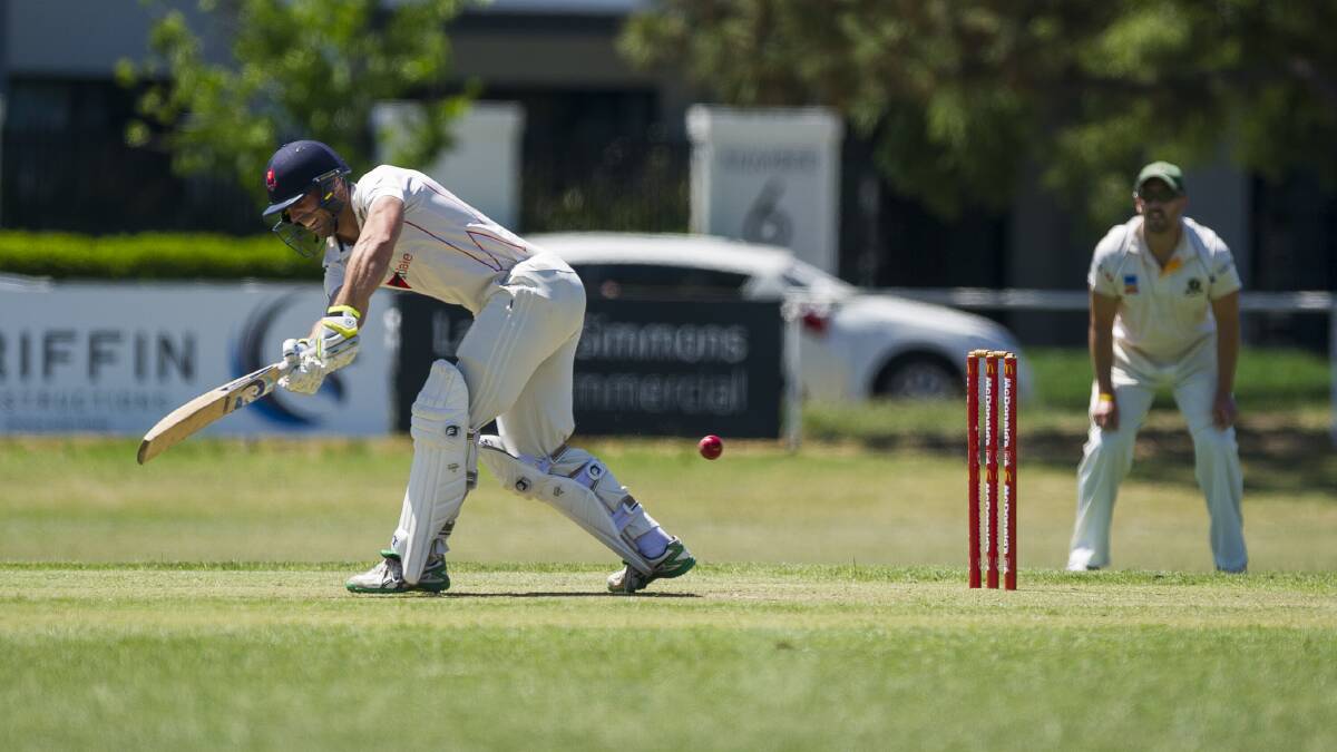Centuries: Queanbeyan's Adam Tett at the crease during the side's win over Wests-UC at Freebody Oval. Photo: Dion Georgopoulos