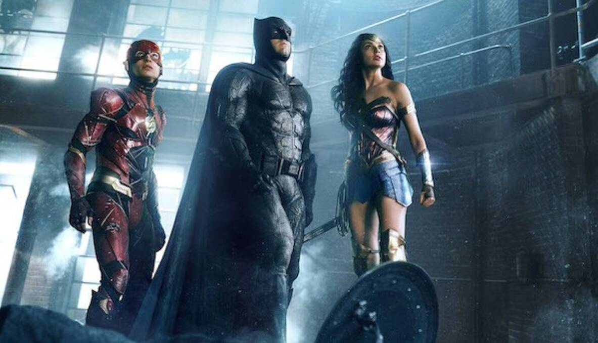 JUSTICE LEAGUE: The Flash (Ezra Miller), Batman (Ben Affleck) and Wonder Woman (Gal Gadot) line up with Aquaman and Cyborg for the next superhero blockbuster.