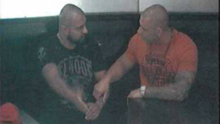 CCTV footage shows Brothers For Life leader Farhad Qaumi (left) and Pasquale Barbaro at Star City casino in 2014.  Photo: Supplied