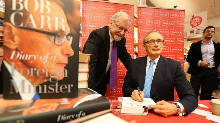 Former foreign ministers Gareth Evans and Bob Carr at the launch of Mr Carr's book, Diary of a Foreign Minister. Photo: Peter Rae