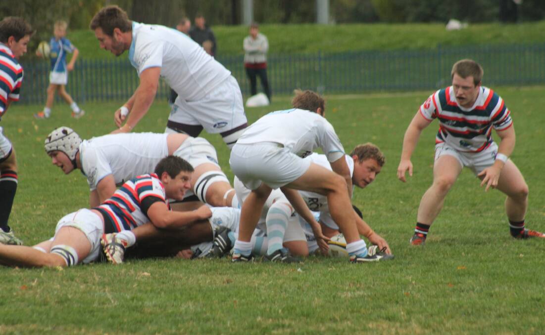 The Queanbeyan Whites win a maul against Eastern Suburbs last Saturday at Griffith Oval. Photo: Joshua Matic.