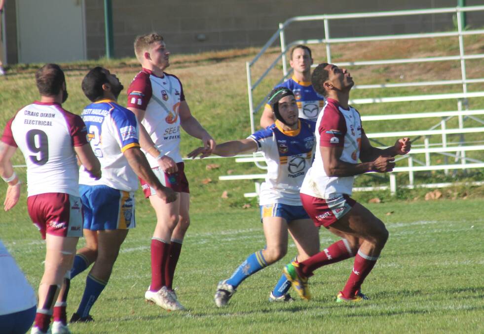 Queanbeyan Kangaroos winger Ratu Tagive looks to take a bomb in his side's draw with Goulburn last month. Photo: Joshua Matic.