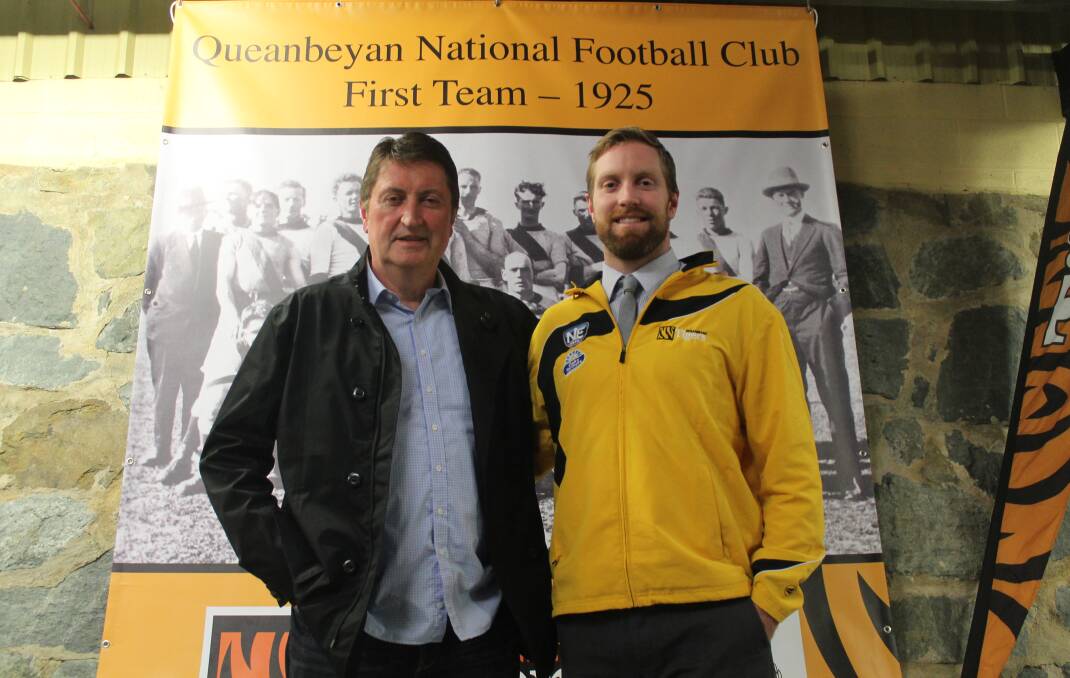 Queanbeyan Tigers Football Club coaching legend Brian Quade with son and current club captain Ryan Quade. Their family has made a significant contribution to the club as it celebrates its 90th brithday. Photo: Joshua Matic.