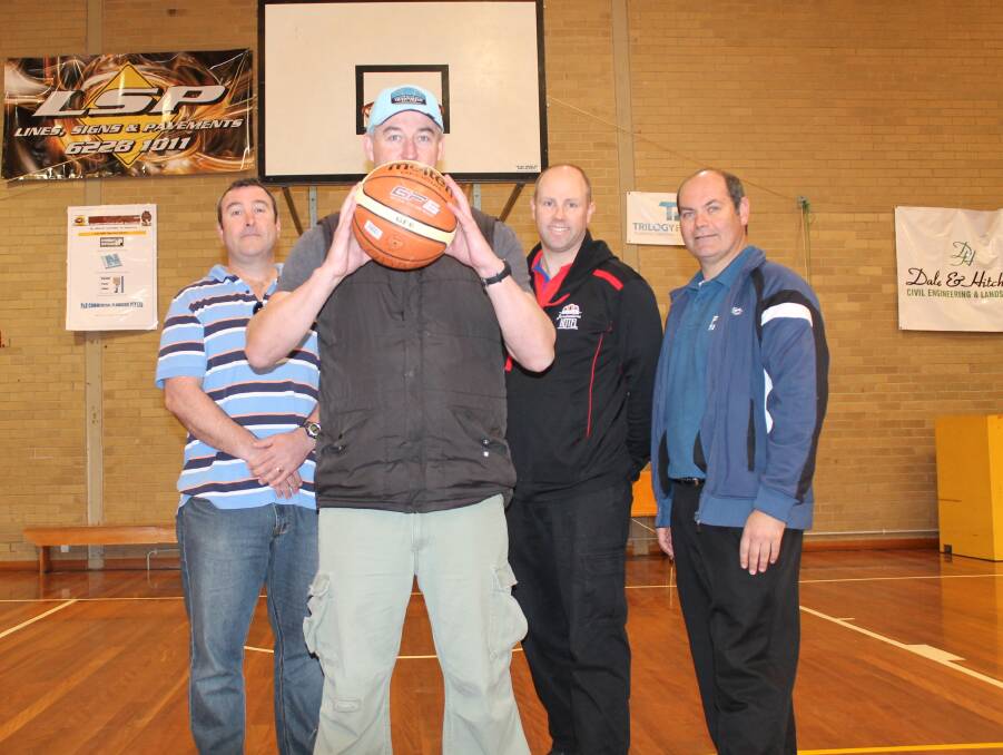 Queanbeyan local business owners Mick Gawthorp, Adam Sutton, Trent Miller and, centre, Matthew Griffin will sponsor themselves on Saturday to raise money for Queanbeyan Basketball. Photo: Joshua Matic.