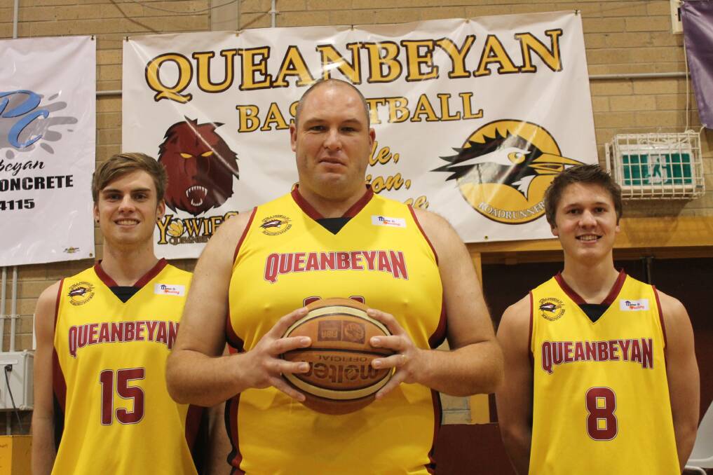 Queanbeyan Roadrunners ACT Premier division players Adam Jackson, centre, with Josh Rowcliffe and Robbie Ball. Photo: Joshua Matic.