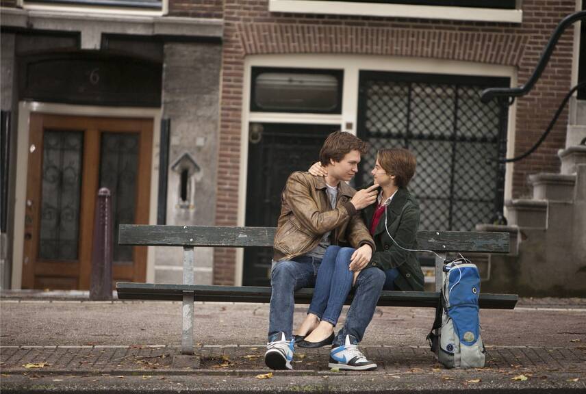 Actors Shailene Woodley and Ansel Elgort get cuddly in 'The Fault in Our Stars'.