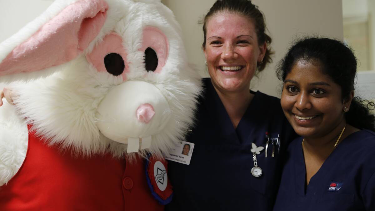 The Easter bunny visited Queanbeyan Hospital to spread some festive cheer and chocolate courtesy of Riverside Plaza today. Photo: Kim Pham.