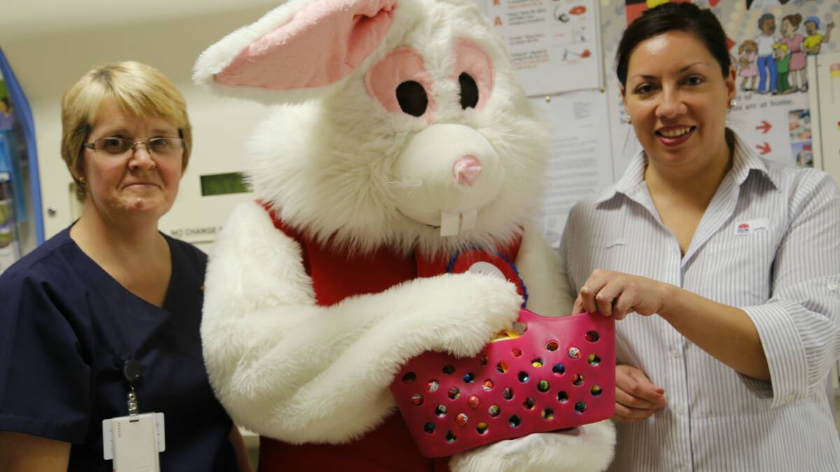 The Easter bunny visited Queanbeyan Hospital to spread some festive cheer and chocolate courtesy of Riverside Plaza today. Photo: Kim Pham.