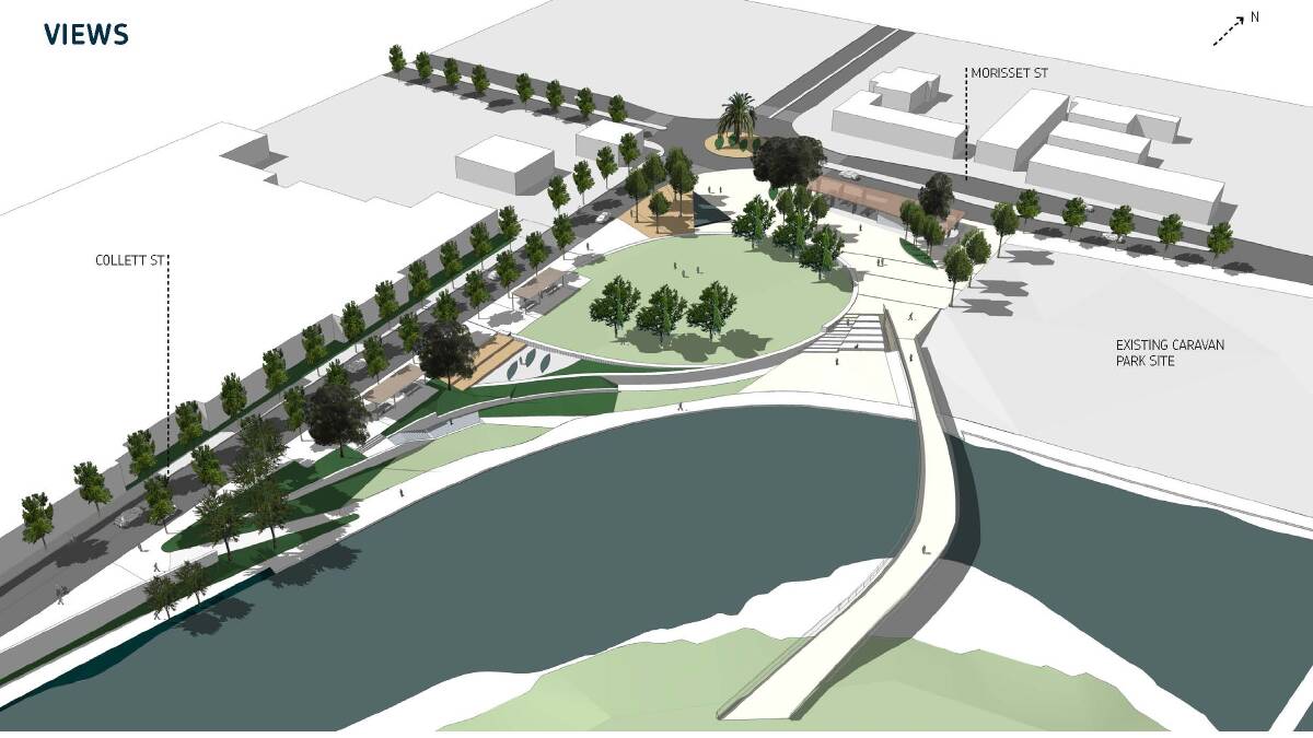 An artist's impression of the improvements to the riverfront precinct including a pedestrian bridge across Queanbeyan River. 
Photo: Supplied.