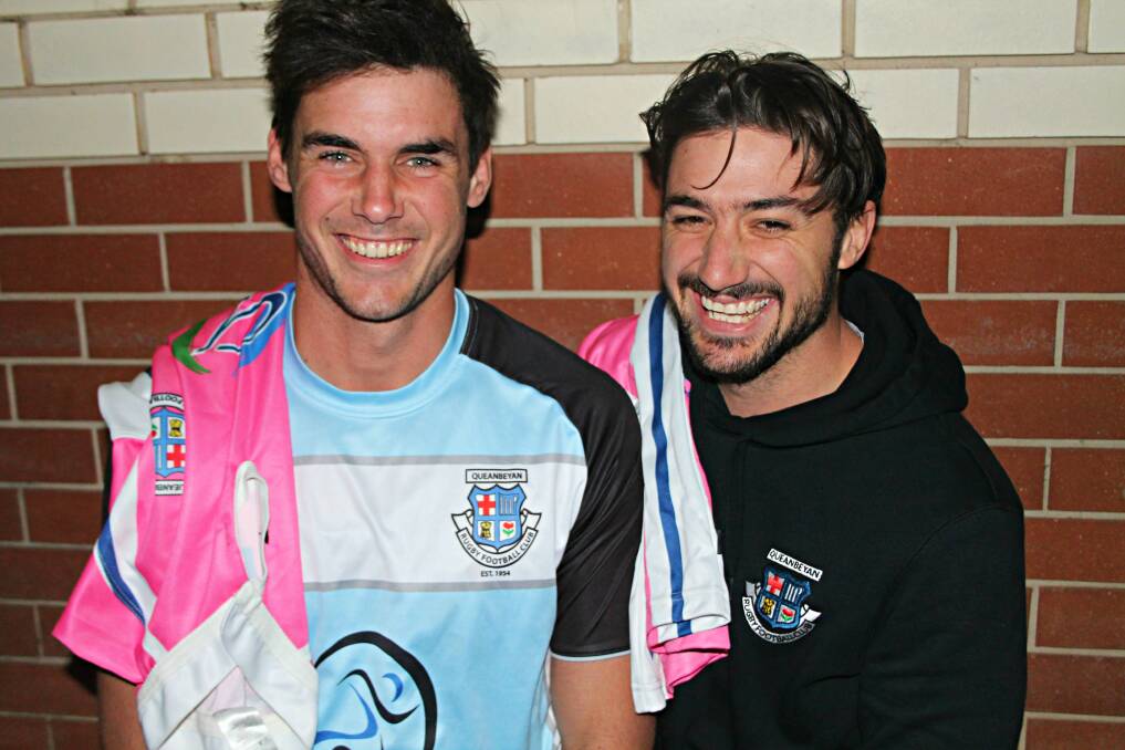 Queanbeyan Whites Daniel Jancevski and Daniel Hawke will don pink kits in order to raise funds for cancer charity this weekend. Photo: Gemma Varcoe. 