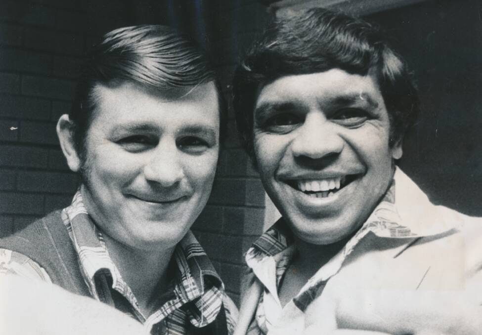 Johnny Famechon and Lionel Rose at the Montrose Football Club's social in 1975, shortly after Rose announced a comeback. 