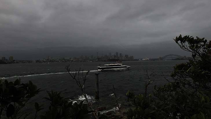 The view from Bradley's Head as the wild weather moves into Sydney.