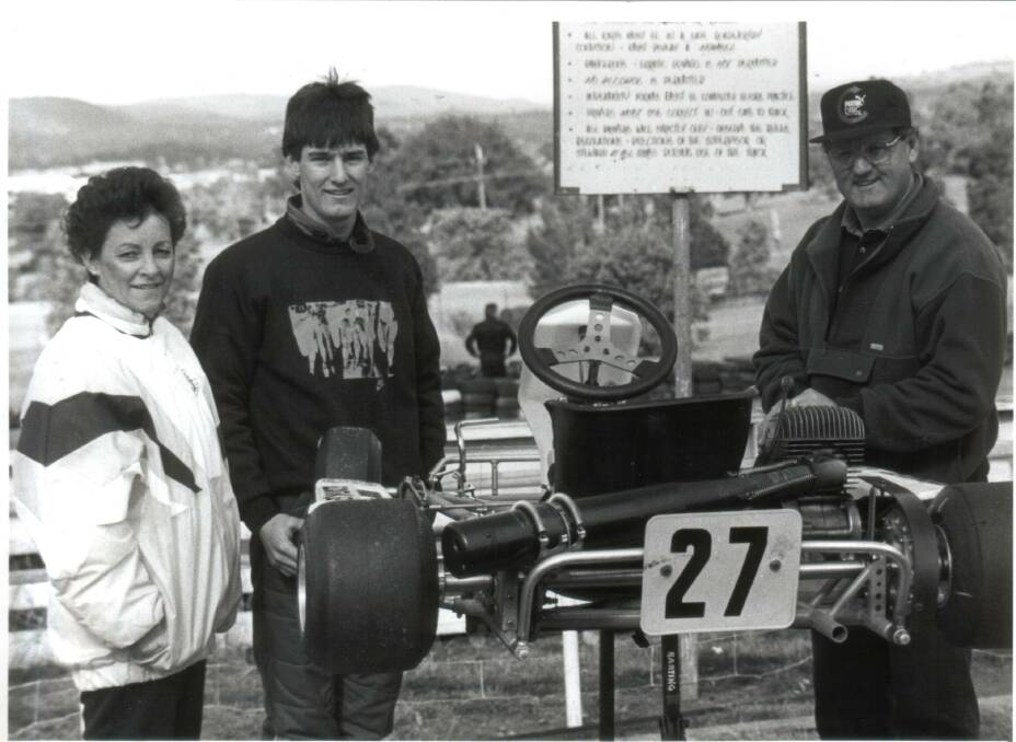 An early photo of a young Mark Webber with mum Diane and dad Alan during his Karting days in Queanbeyan. 