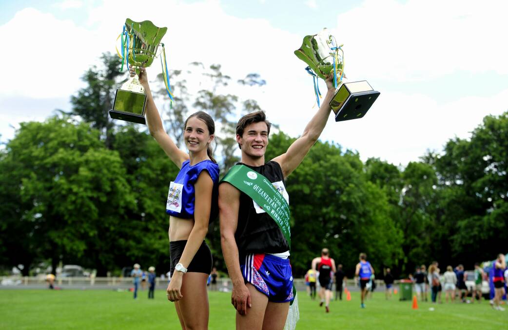 Queanbeyan Gift Women's Gift winner Maddie Coates (left) and Men's Gift victor Angus Gould. Photo: supplied