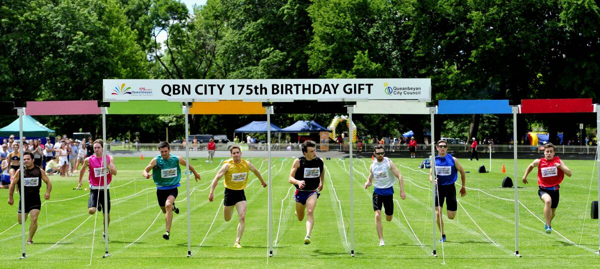 Canberra's Angus Gould (fourth from right) takes out the $16,000 Queanbeyan Men's Gift in Town Park on Sunday ahead of Shaun Hargreaves and Nathan Riali. Photo: Mel Adams, Canberra Times