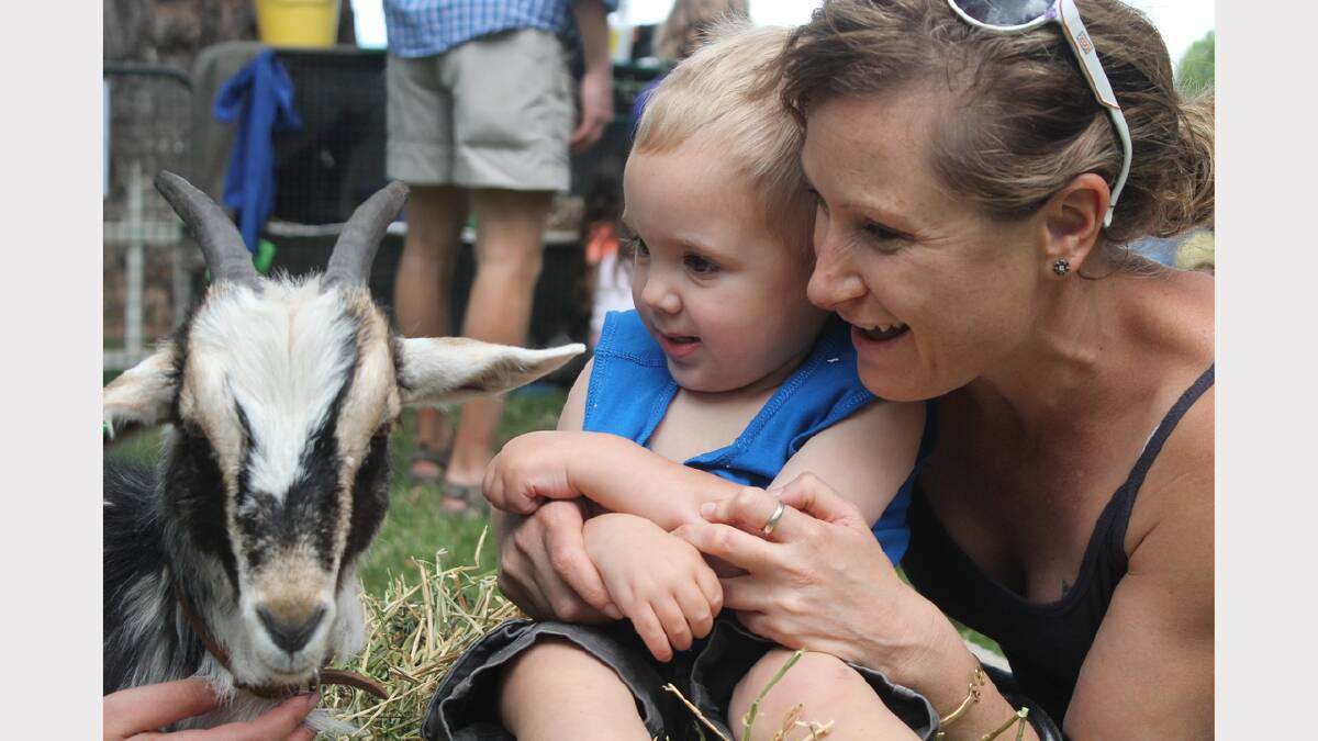 Isaac Bigg and Kitty Lowry get up close with a goat in the Patting Paddock. Photos: Andrew Johnston, Queanbeyan Age