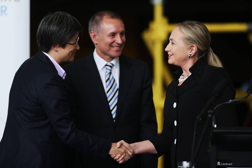 U.S. Secretary of State Hillary Clinton meets with Australian Senator Penny Wong and South Australian Premier Jay Weatherill at the ASC facilities in Adelaide, Australia. Secretary Clinton is in South Australia to tour the Techport maritime defence facility and meet with the Governor and Premier of the state. Photo by Morne de Klerk/Getty Images