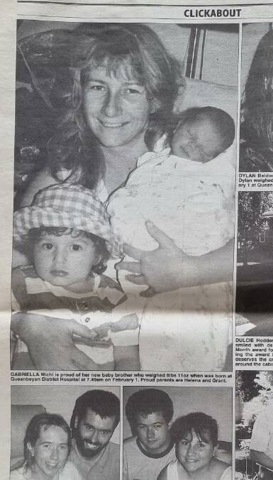 Newborn Luke Michl in The Queanbeyan Age in 1997 with mum Helena Cain and sister Gabriella. Picture supplied 