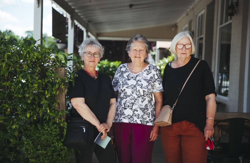 Lynne Magus, Trudi Tritschler and Marilynne Darrock in Bungendore. Picture: Dion Georgopoulos 