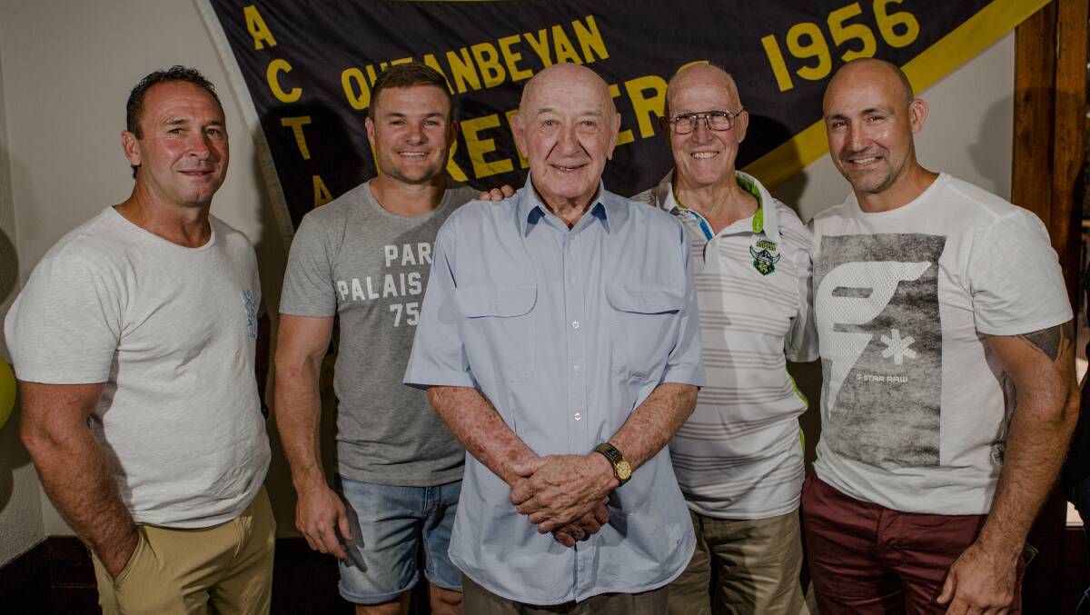 Bobby Griffin celebrated his 80th birthday in 2016 with Raiders coach Ricky Stuart, Simon Woolford, John McIntyre and Jason Croker.  Photo: Jamila Toderas