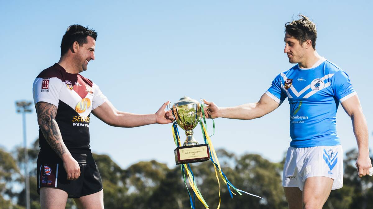 Queanbyean Kangaroos' Aaron Gorrell and Queanbyean Blues' Tyler Stephens ahead of the Canberra Raiders Cup grand final on Sunday. Photo: Rohan Thomson