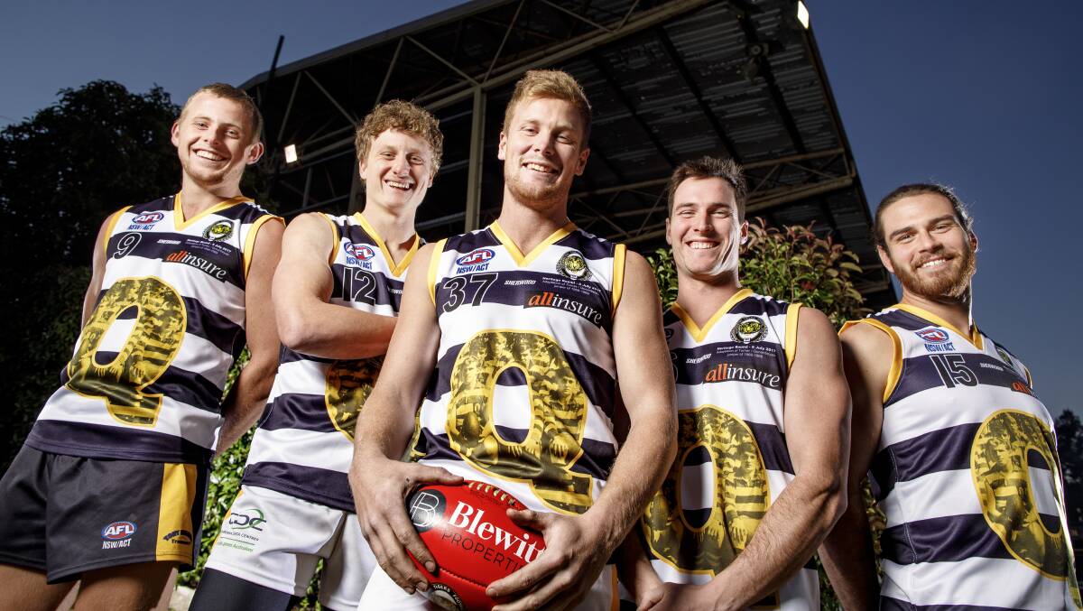 VINTAGE: Jordan Hedington, Tyler Collins, Dean Ross, Jason Taylor and Tim Shea will be among the Queanbeyan Tigers wearing a heritage jersey this weekend. Photo: Sitthixay Ditthavong