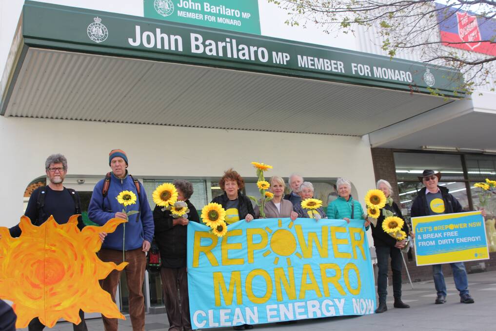 More than 30 supporters of Repower Monaro, a new local clean-energy group, protested outside John Barilaro MP’s local electorate office in Crawford Street.