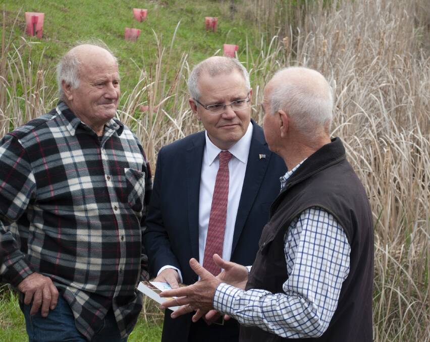 Left to right: Peter Andrews OAM, Prime Minister Scott Morrison, Gary Nairn AO. Photo: Kelly Thorburn.