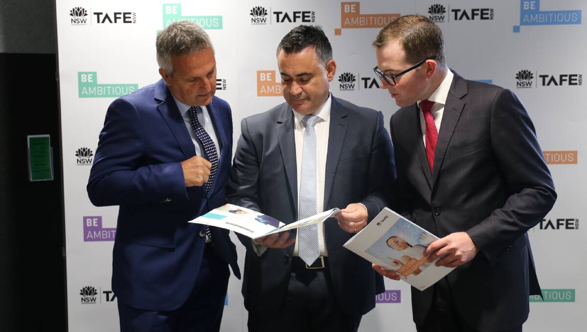 Managing director TAFE NSW Jon Black with NSW deputy premier and member for Monaro John Barilaro and assistant minister for skills Adam Marshall at Queanbeyan TAFE. 