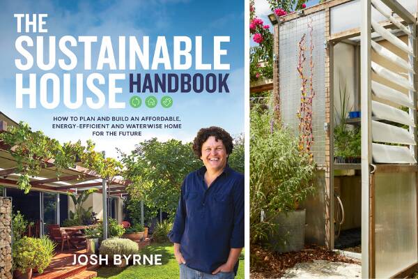 Cover of The Sustainable House Handbook and, right, a small greenhouse in Josh's garden used to raise plants.