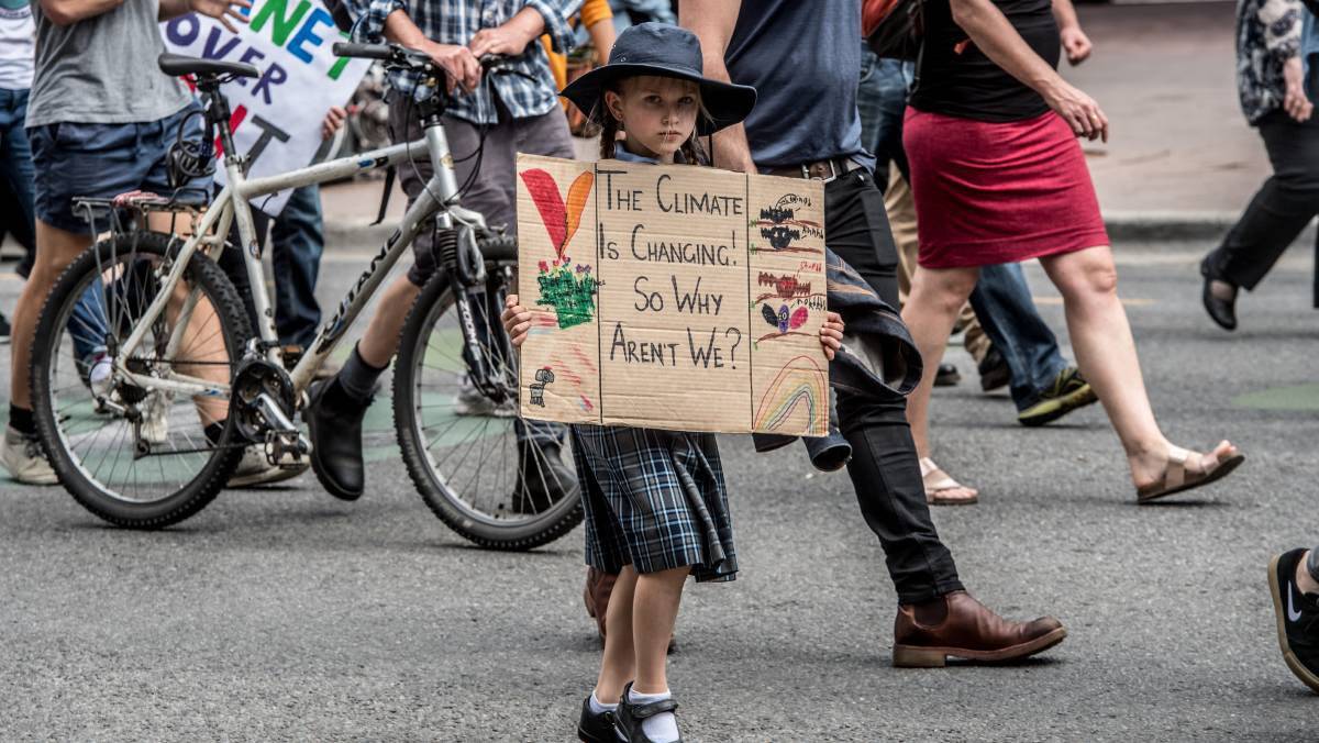 SIGN OF THE TIMES: A young protester carries a placard during a climate action protest. Photo: Karleen Minney.