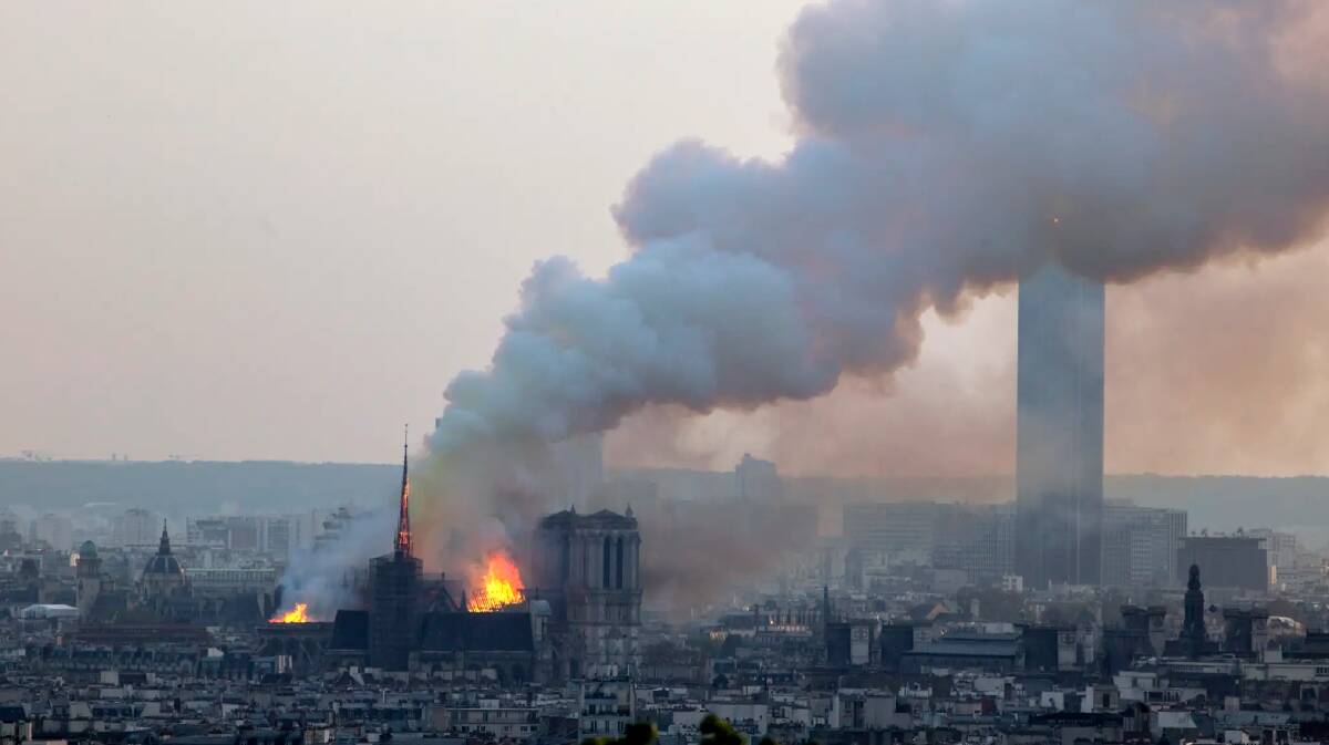 Notre Dame cathedral burning in Paris.