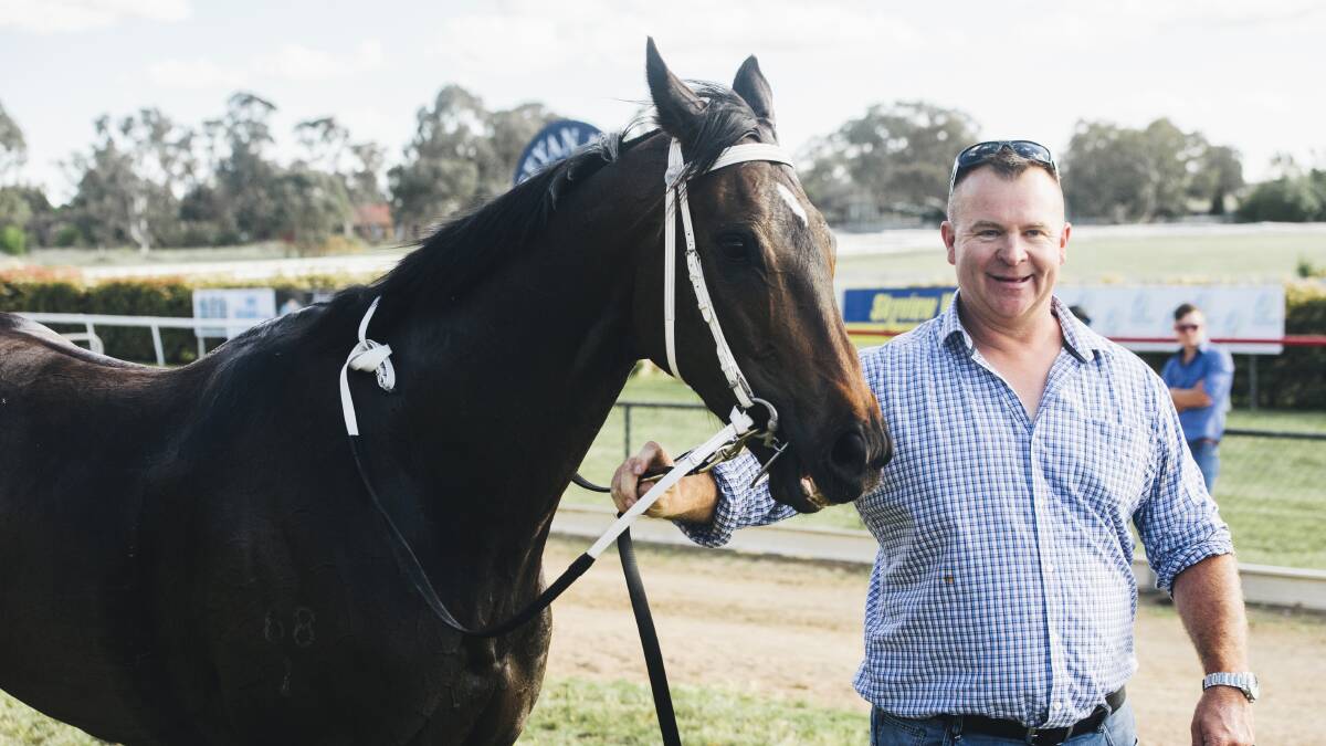 Charlie Royale with trainer/owner Matthew Stephens after taking out the Queanbyean Cup on Sunday afternoon. Photo: Rohan Thomson